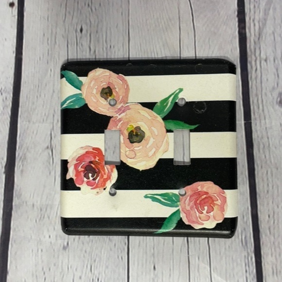 Pink Floral Dual Switch Light Switch Cover with Black and White Stripes - Picture 1 of 3
